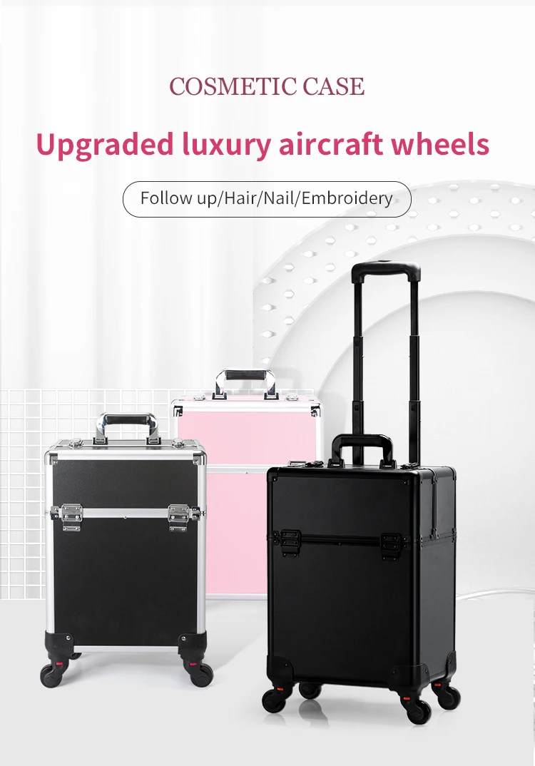 TravelRolling Makeup Train Case Kosmetikwagen mit großem Fassungsvermögen, professioneller Aluminium-Reisekoffer mit Schlüssel – Detail 1
