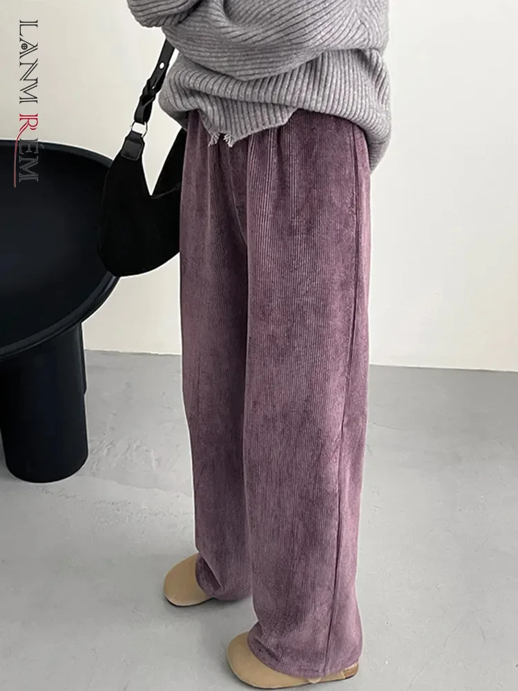 

[LANMREM] Solid Minimalism Corduroy Pants For Women Elastic High Waist Wide Leg Trousers Fashion 2023 Autumn New 26D6469