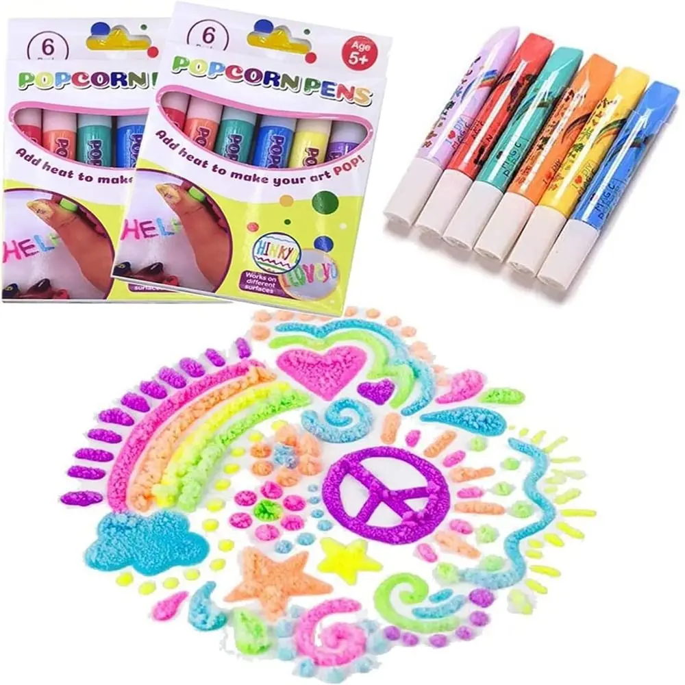 6Pcs Magic Popcorn Pens 6 Colors 3D Safe Decorating Art Drawing for  Greeting Birthday Cards Kids 