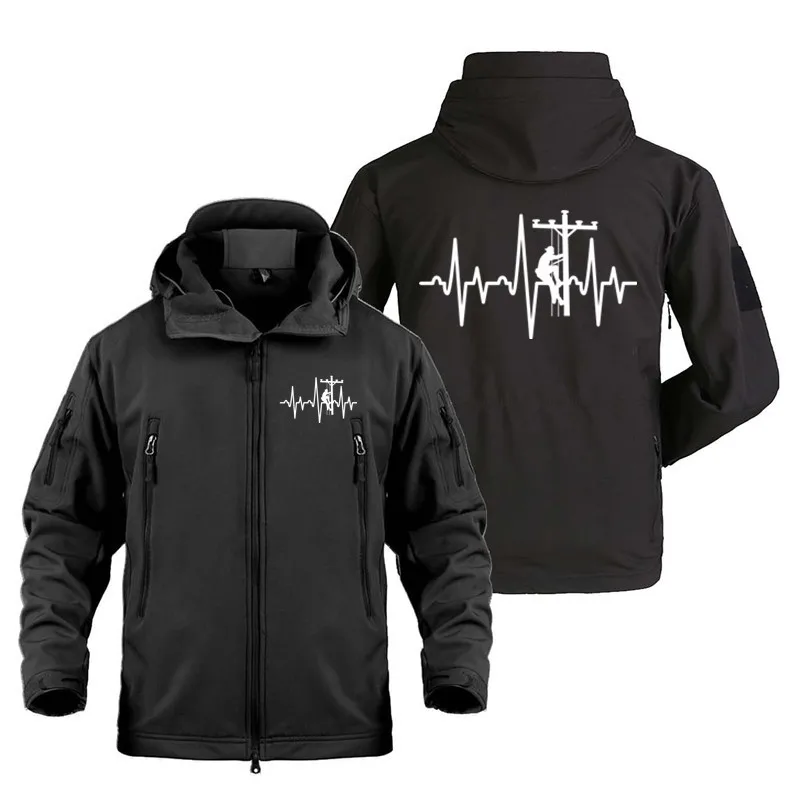 

Autumn Winter Lineman Heartbeat Print Outdoor Tactical Jacket Warm SoftShell Coats Jackets Men Outdoor Military Man Coat Jacket