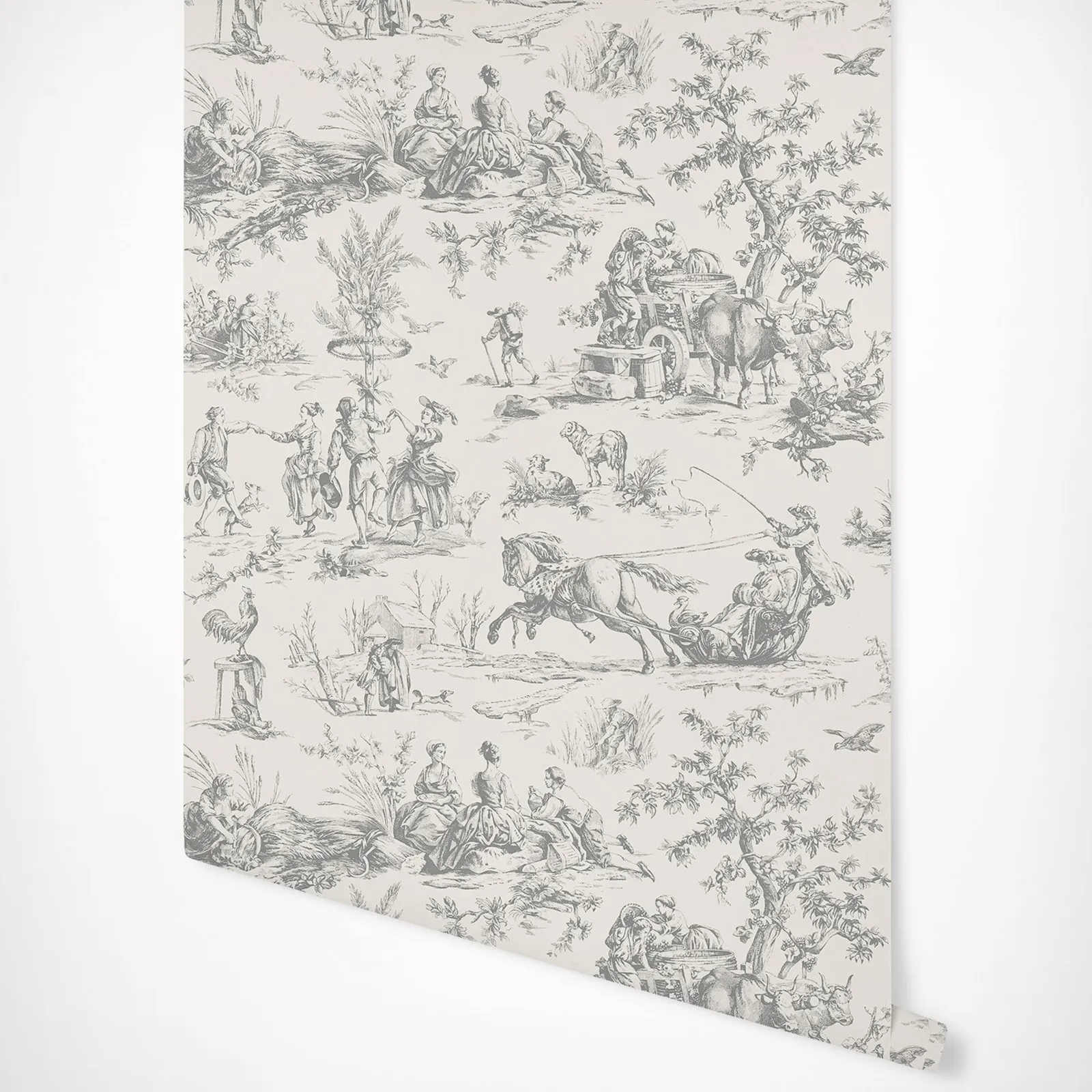 Temporada Toile Grey Wallpaper Farm Life Estilo em Smoke Grey
