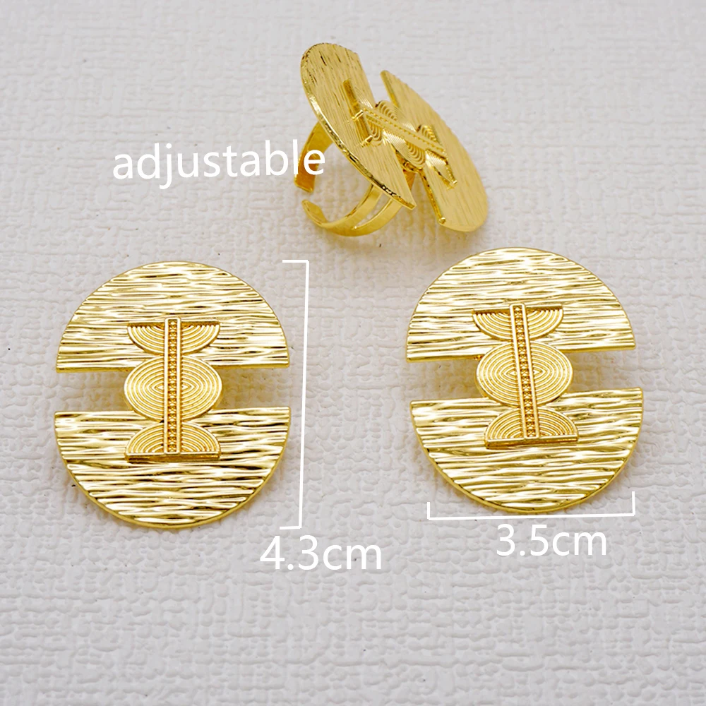 Fashion Copper Drop Earrings For Women Dubai Gold Color Irregular Clip Earings & Finger Ring African Ethiopian Jewelry Set Gift