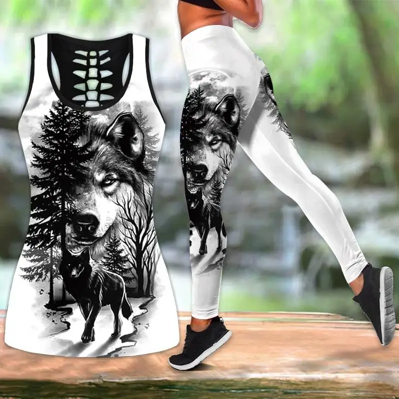 Women\'s Summer Wolf Tree Print Outfit Sleeveless Tank Top and