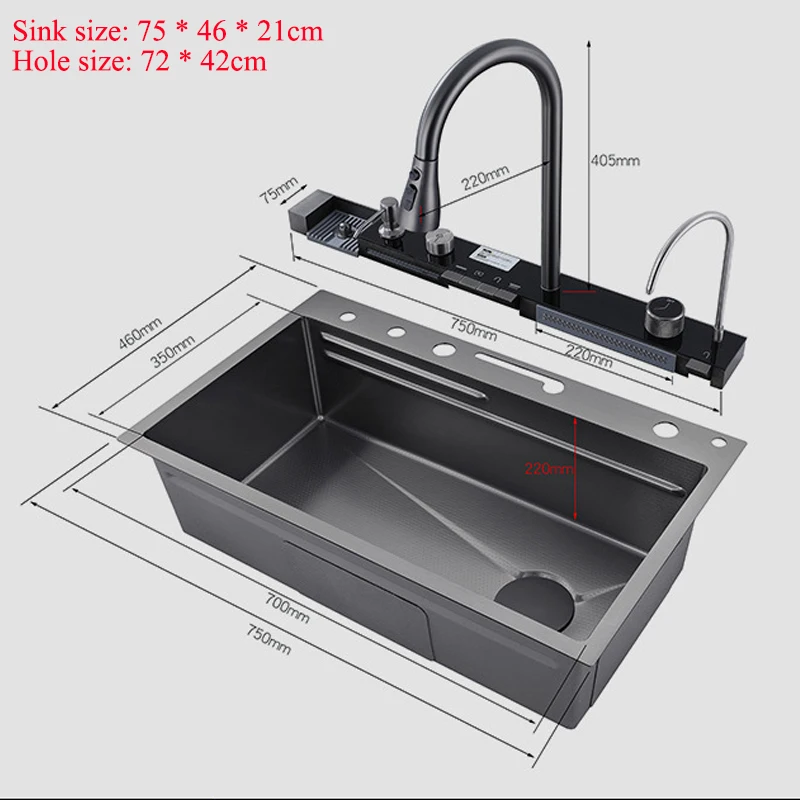 304 Stainless Steel Kitchen Sink Double Waterfall Single Slot Integrated Digital Display Faucet Set Soap dispenser Cup Washer 6