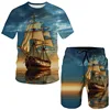 Summer Pirate ship 3D Print T-Shirts Shorts Sets Men's Tracksuits Oversized Short Sleeve T Shirt Pants Set Man Suits Clothing 4