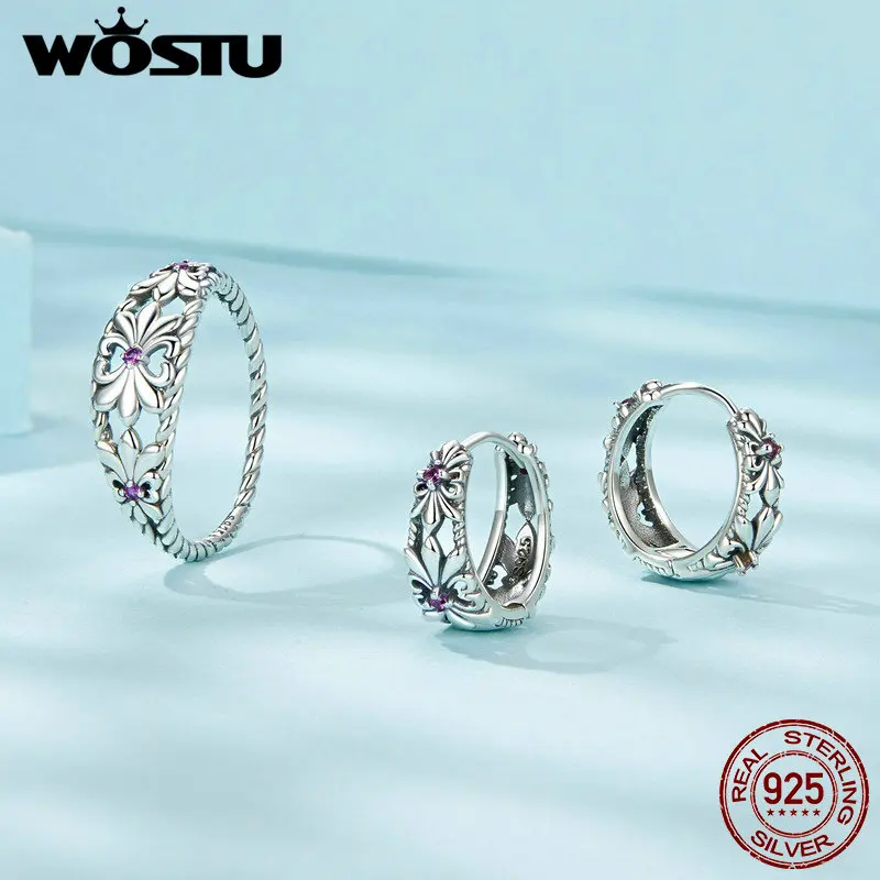 WOSTU Vintage Iris Flower Ring For Women Retro 925 Sterling