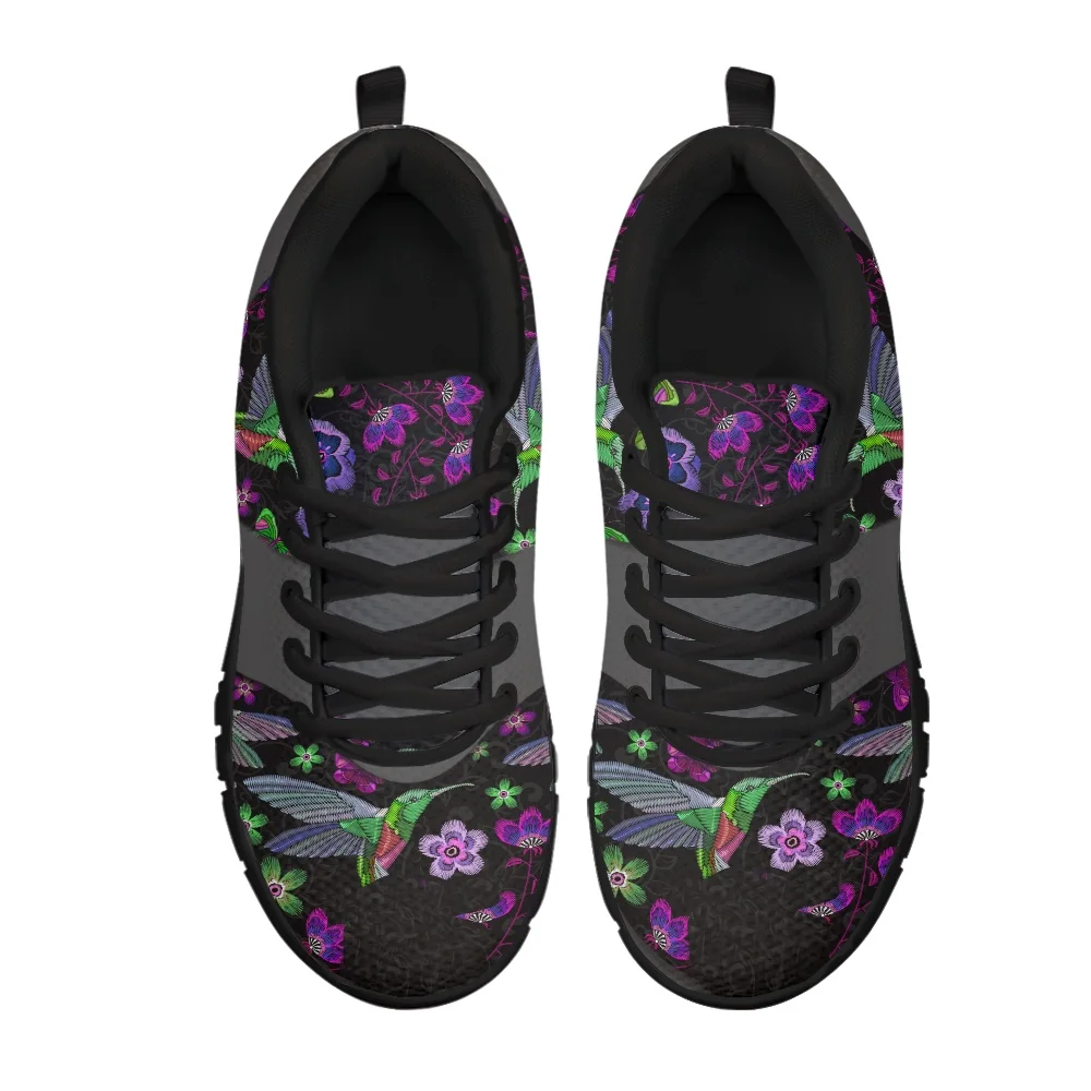 Women's Lightweight Soft Mesh Sneakers Pretty Dark Flower And Hummingbird Print Female Flat Shoes Lace Up Zapatos