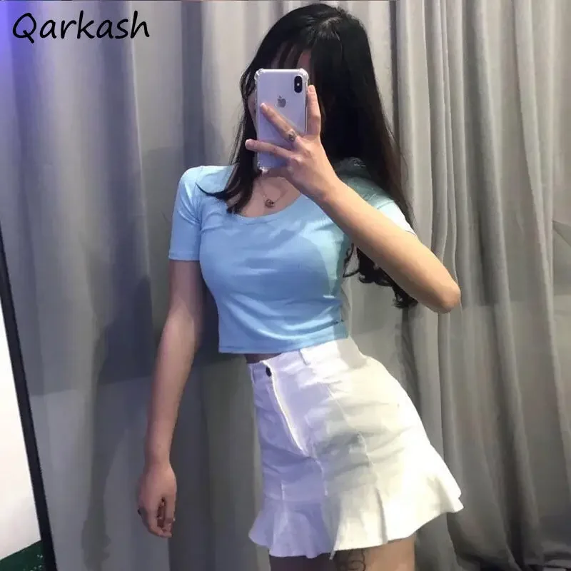 

Women Sets Slim Crop Top Solid Mini Ruffles Skirt Simple Sexy Students Summer Ladies Party Popular Casual Teens Ulzzang Chic New