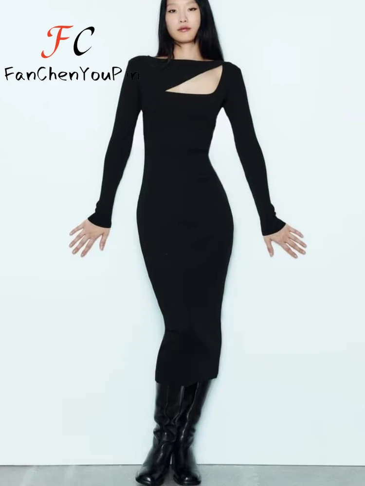 

Women's Knitted Dress Spring New 2024 Fashion Slim Fit Hollow Long Sleeve Dress Sexy Asymmetric Sense of Design Mid-calf Dresses
