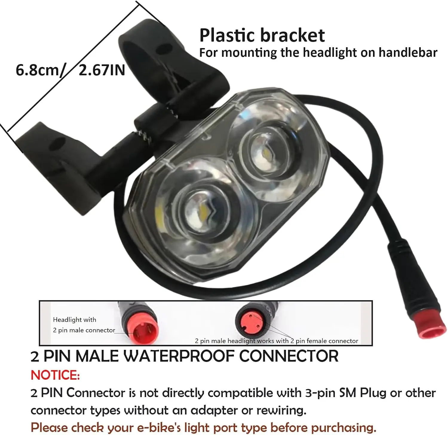 24-60V 방수 LED 전기자전거 헤드라이트(혼 포함), 2/3핀 남성/여성 플러그, 핸들바 장착 디자인