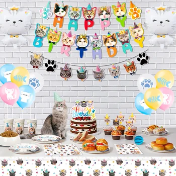 Cat Birthday Party Supplies,93pcs Birthday Decorations &Theme Tableware Set-Party Plates Napkins Tablecloth&Banner Balloons etc 2