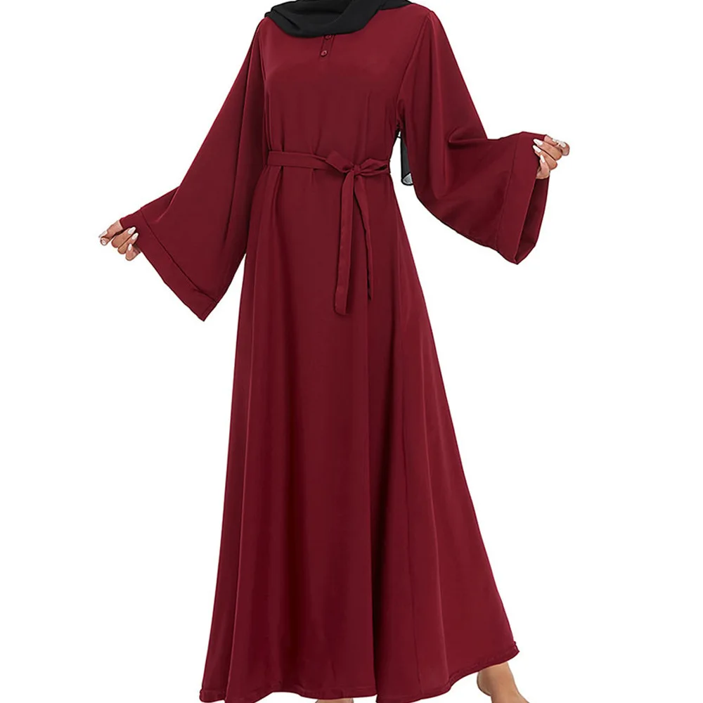 Middle East Ramadan Robe Prayer Abaya Eid Al-Fitr Worship Clothes Muslim Women's Garment Solid Slim Button Lace-up Long Dress