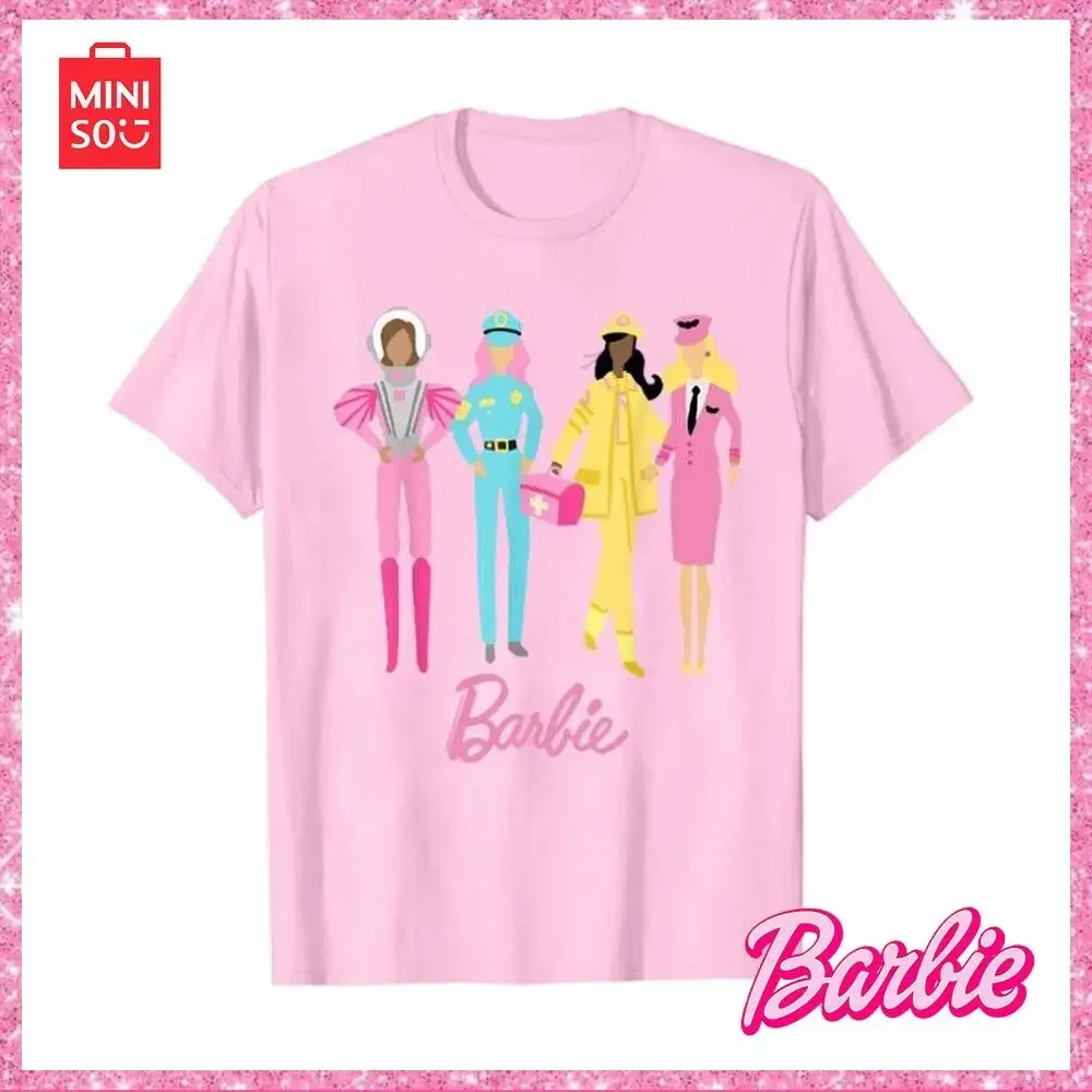 

Новинка 2024, модная футболка Miniso для Барби с круглым вырезом и короткими рукавами, летняя повседневная свободная Удобная футболка с принтом, Рождественский подарок на Хэллоуин