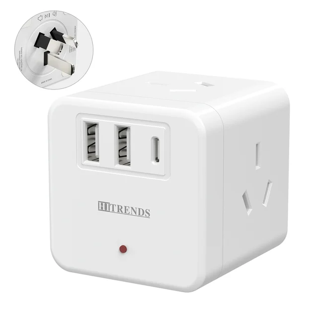 HITRENDS ปลั๊กไฟลูกบาศก์ปลั๊กออสเตรเลียพร้อมการชาร์จเร็วหลายพอร์ต 4AC+3USB เหมาะสําหรับบ้าน สํานักงาน และการเดินทาง 1