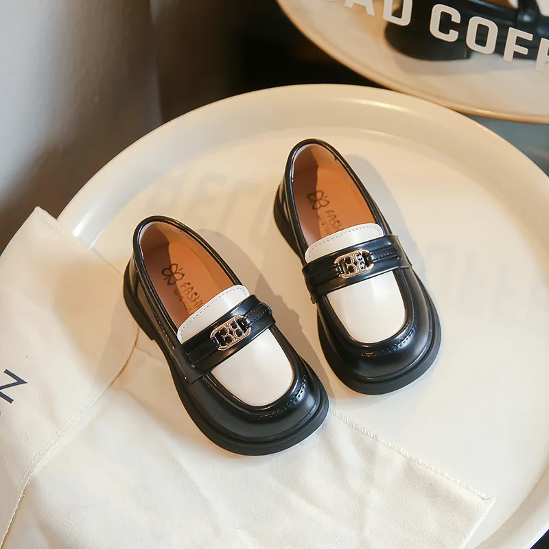 Children Casual Leather Shoes Fashion Patchwork Slip-on Unisex School Boys Girls Loafers Spring Kids Chunky Heel Platform Shoes
