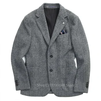Gray Wool Tweed Winter Suit Blazer Single Breasted Suit Jacket Formal Fashion Notch Lapel Herringbone Coat for Wedding/Business 1