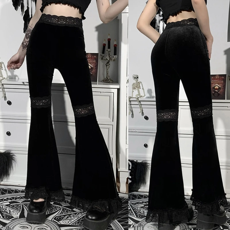 CYCLAMEN Women's Goth Velvet Flare Pants with 4 Pockets Black Gothic Bell Bottoms Flared Leggings 