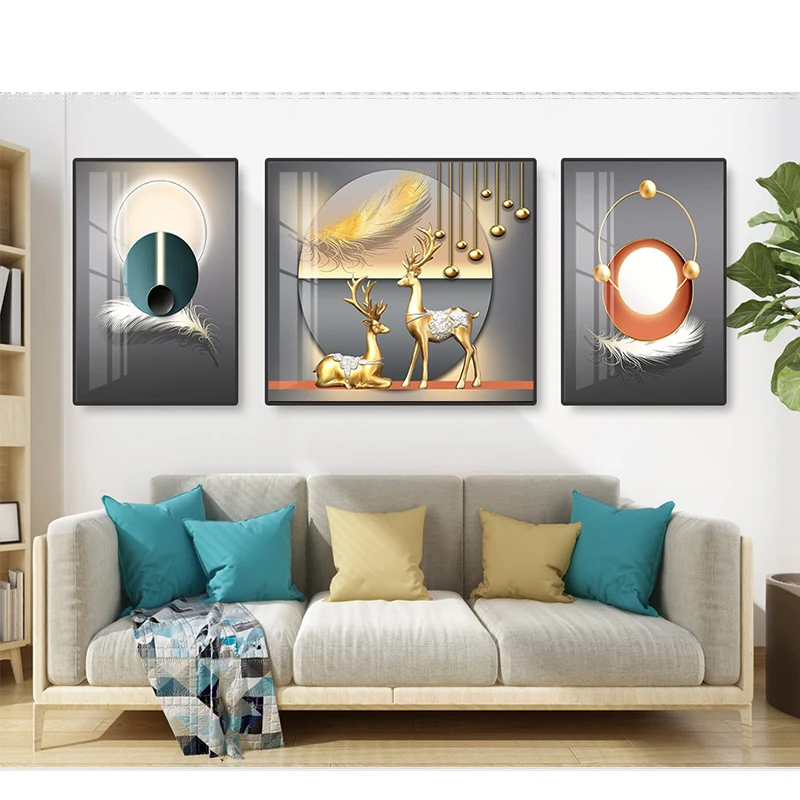 3 Pieces Luxury Golden Deer Canvas Painting Abstract Geometry Posters and Prints Wall Art for Living Room Home Decor Cuadros