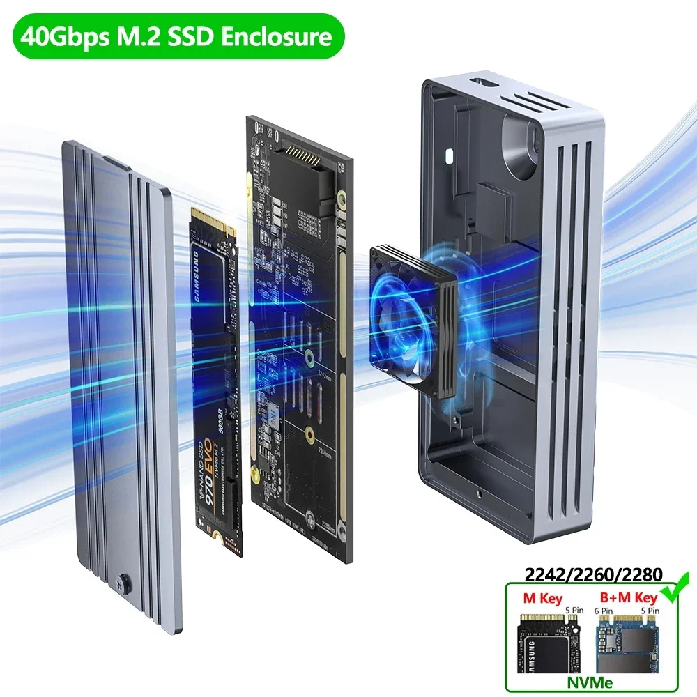 40Gbps NVMe SSD Case Enclosure M.2 To USB4.0 Thunderbolt Adapter for M.2 NVME Built-in Cooling Fan Aluminum Box 2242/2260/2280
