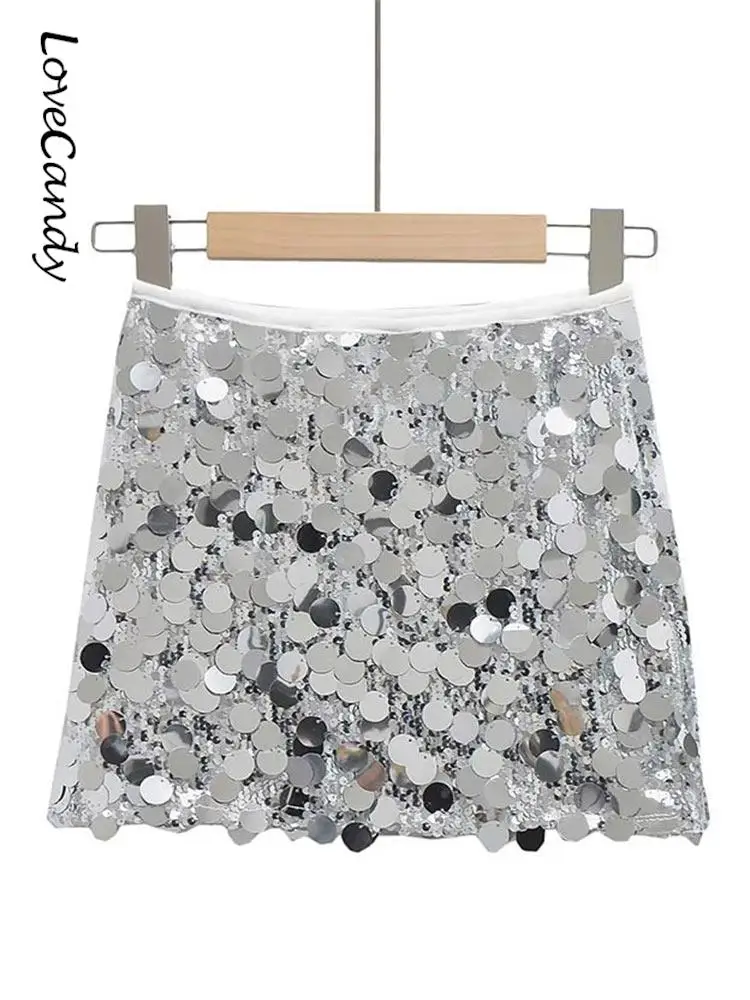 

Women Fashion Solid Sequin Mini Skirts Chic Casual Vintage High Waist Slim Skirts 2023 Summer Female A-line Slim Streetwear