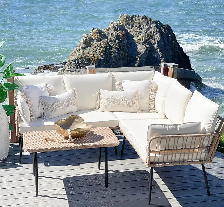 

3/4 Pieces Patio Furniture Set, Outdoor Rattan Woven Conversation Sectional L-Shaped Sofa for Backyard, Boho Detachable Lounger