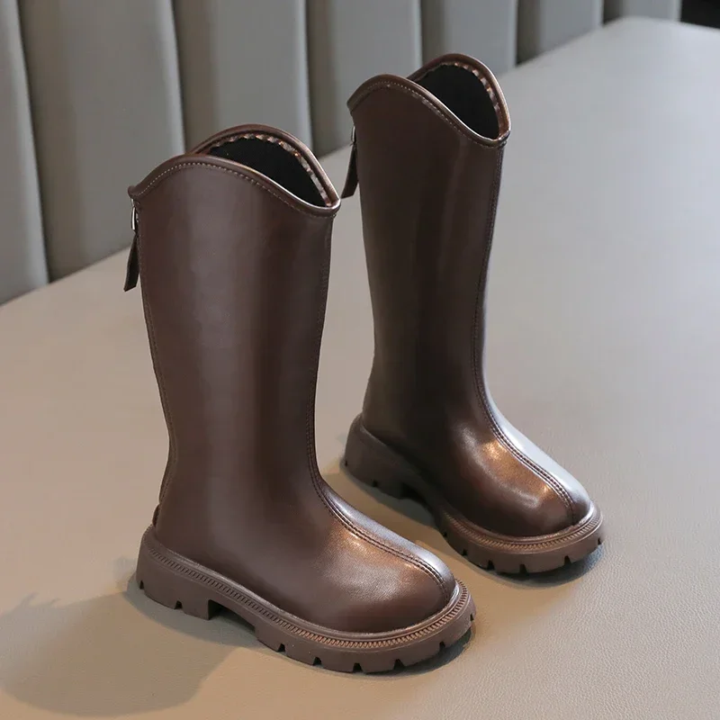2024 Children High Boots for Girls Autumn Winter New Fashion Korean Style Anti-slippery Keep Warm Versatile Chic Leather Shoes 3