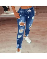 Women's S-5XL Size Tight Waist Jeans Women's Mid Waist Lace up Slim Fit Elastic Feet Pants Perforated Denim Pants - Image 2