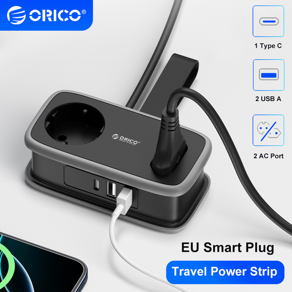 ORICO Travel Power Strip Smart EU Plug Multiple Socket 3.6FT Extension Cord 5 Port USB A Type C Charging Station Adaptador Stand