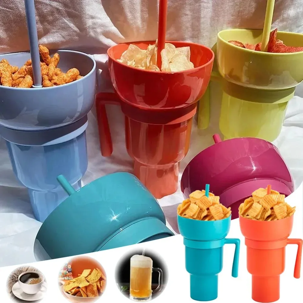 2In1 Snack Bowl Drink Cup With Straw Stadium Tumbler Water Bottle Straw Splash Proof Leakproof Portable Adults Kids Cinema Trip snack bowl drink cup