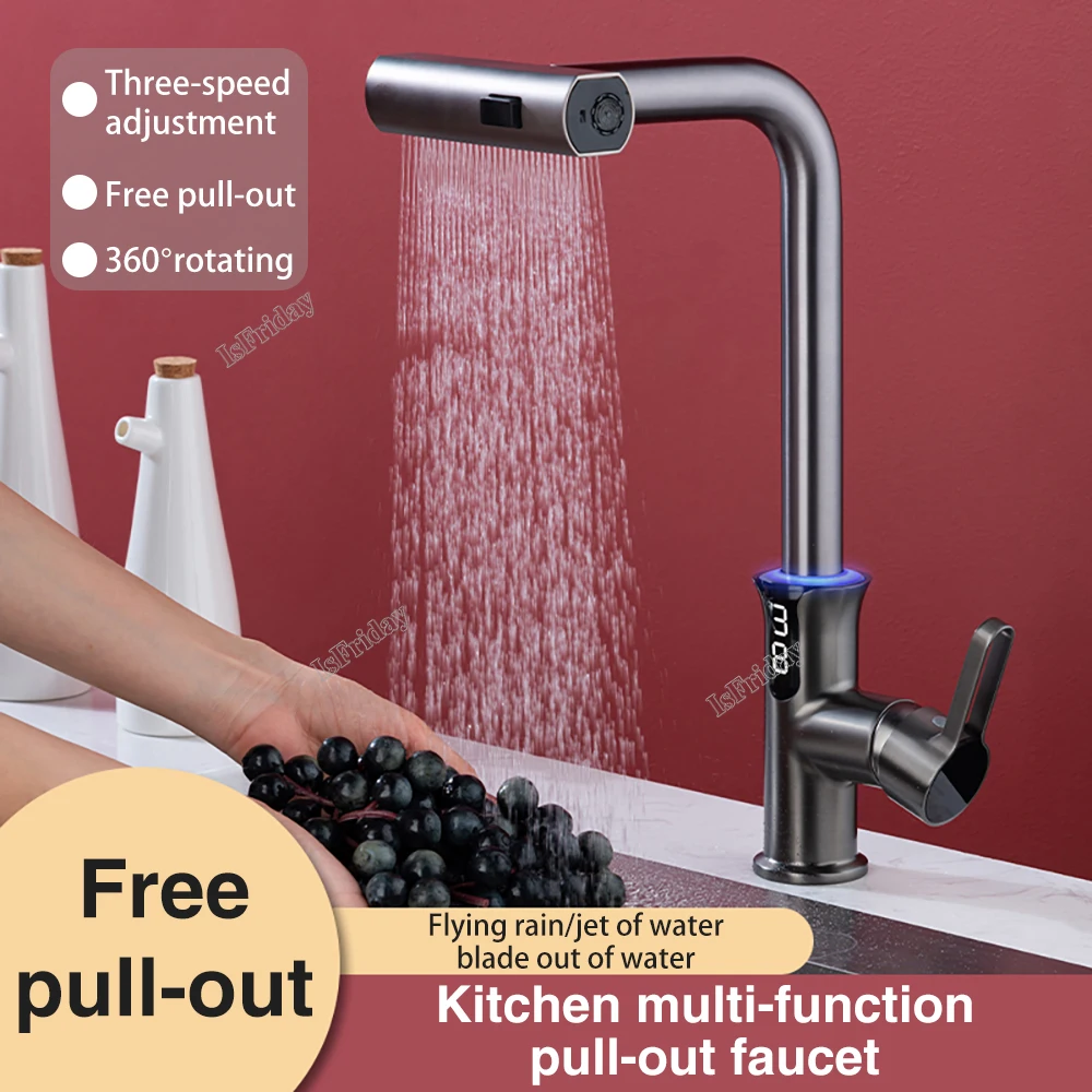 

Waterfall Temperature Digital Display Basin Sink Faucet Pull Out Bathroom Faucet Hot Cold Mixer Black Rainfall Spray Kitchen Tap