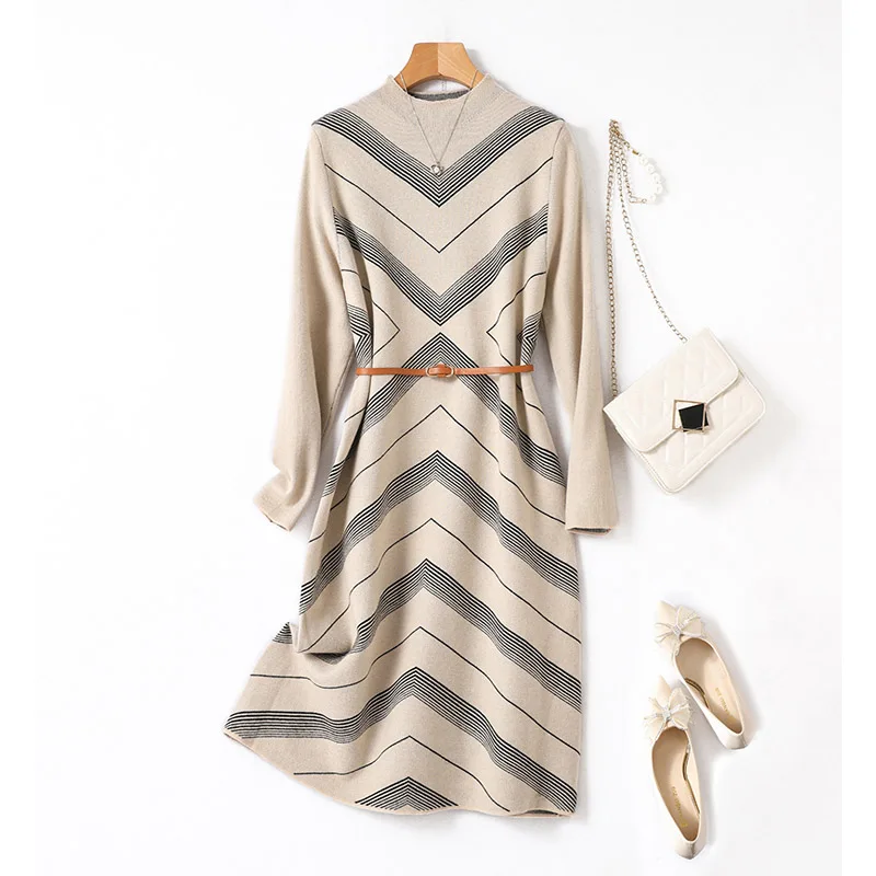 Women Simple Striped Loose Belt Temperament Dresses Winter Knitted Half High Collar Elegant Daily Casual Dress