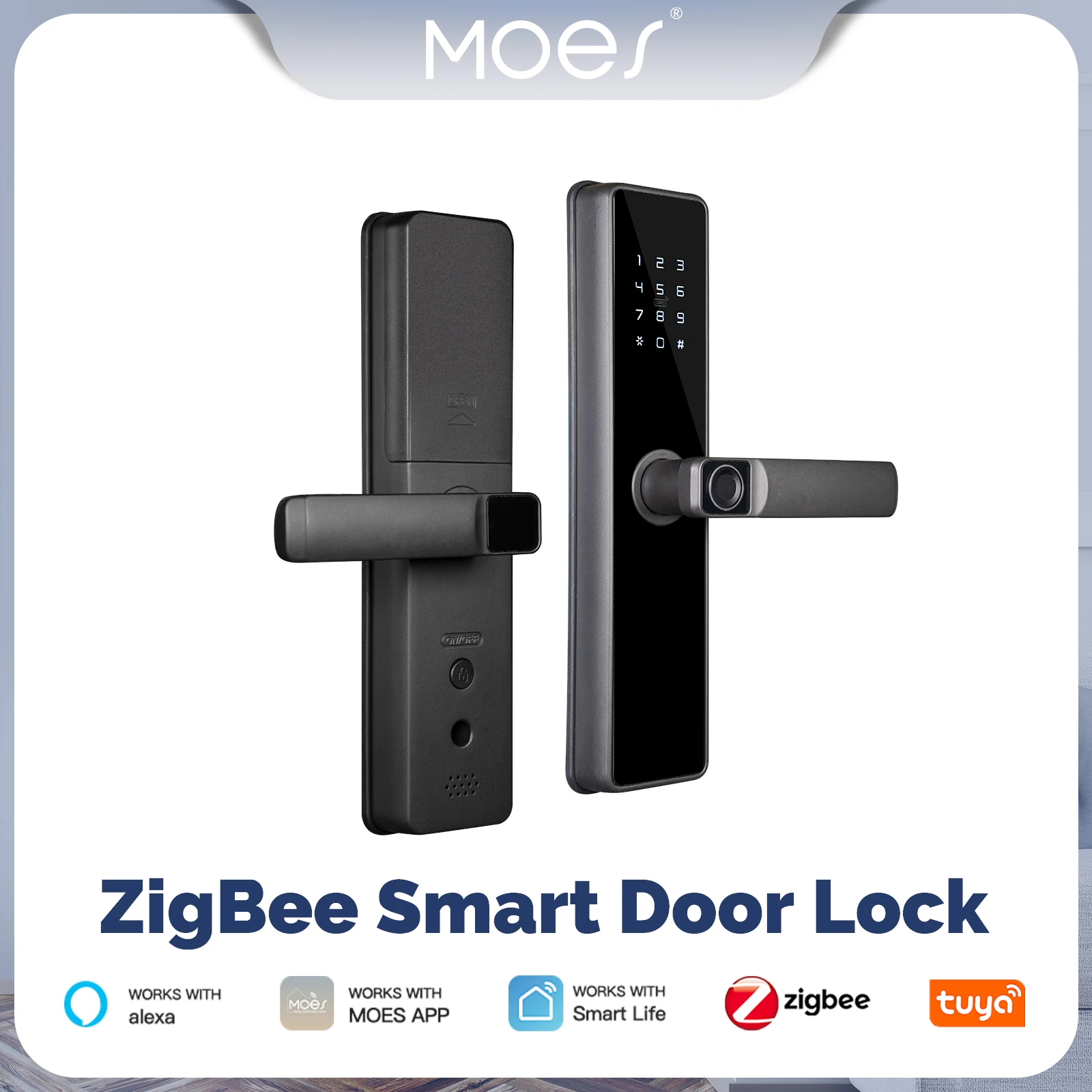 MOES Tuya ZigBee Smart Door Lock Indoor Password Fingerprint Remote Unlock Keycard Tamper Alarm Battery Powered Work With Alexa