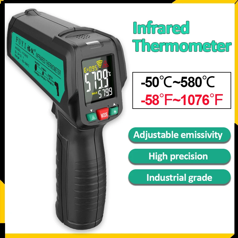 휴대용 디지털 적외선 온도계, 고정밀 비접촉 산업용 온도 계량기, LCD 디지털 온도계,-50 ℃  580 ℃