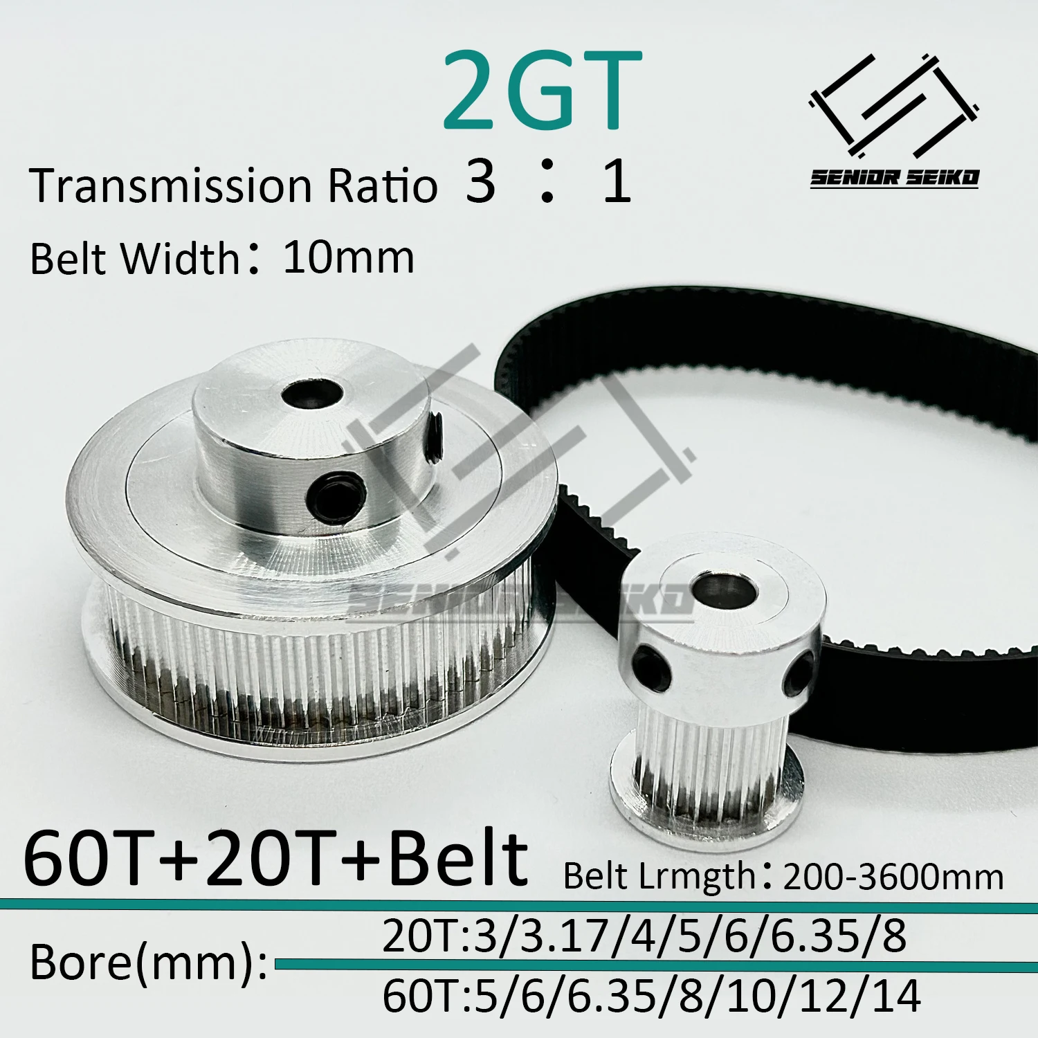 

2GT 2M 20Teeth 60T GT2 60Teeth 20T Timing Belt Pulley Set Belt Width 10mm Bore 3~14mm 3:1 Wheel Synchronous Pulley Belt Kit