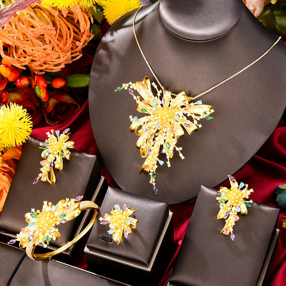 

Kellybola New Big Pendant Firework 4 PCS Sets Bridal Jewelry Set For Women Wedding Party Nigerian African Necklace Earring Set