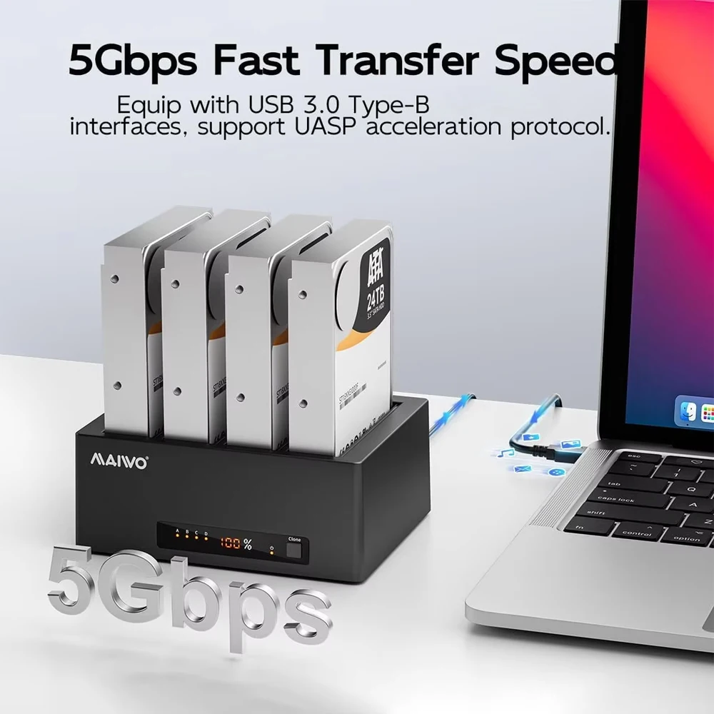 MAIWO 4베이 하드 드라이브 인클로저, 2.5/3.5인치 HDD SATA를 USB 3.0 외장 SSD/HDD 도킹 스테이션으로 변환, 오프라인 클론 기능 탑재