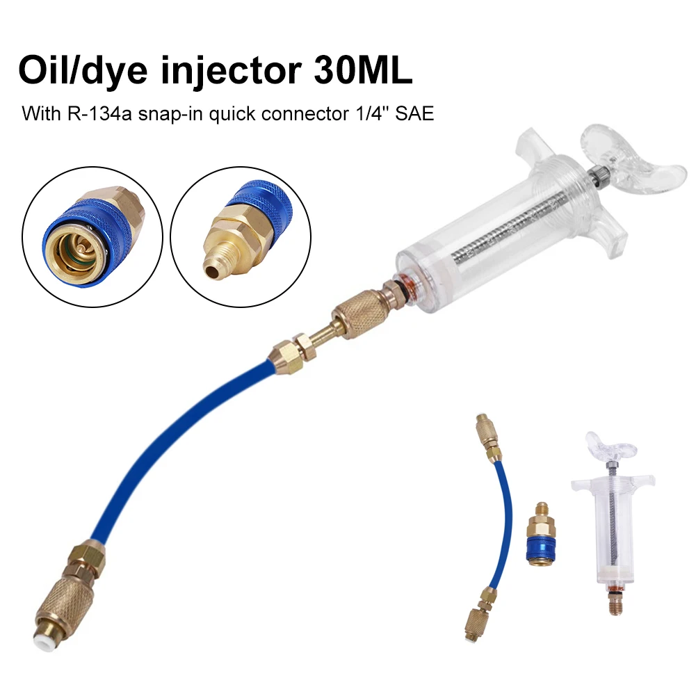 

A/C Oil And Dye Injector With R-134a Snap Quick Coupler 1/4" SAE 1OZ Hand Turn Screw-in Coolant Filling Tube Injection Tools