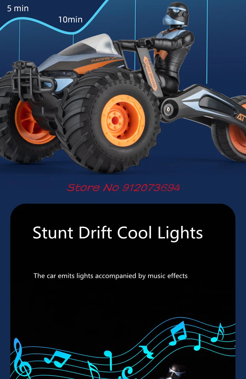 Deformación de modo dual Control remoto de alta velocidad motocicleta 30 minutos iluminación fría y efecto de sonido 360 °   Coche triciclo RC giratorio