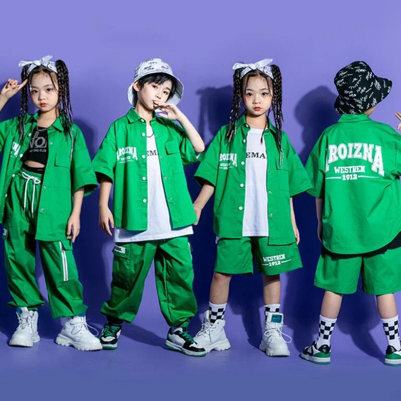 

Pants For Girl Boys Jazz Dance Costume Rave Clothes Kids Concert Kpop Hip Hop Clothing Green Cardigan Shirt Tops Cargo Shorts