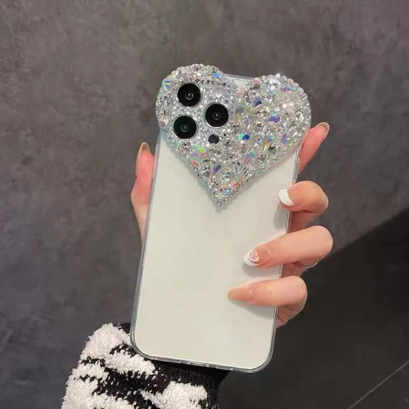 

For iPhone 14 13 12 11 Pro Max 14Plus Phone Case Luxurious Love Heart Rhinestone Diamond Glitter Bling Transparent Cover