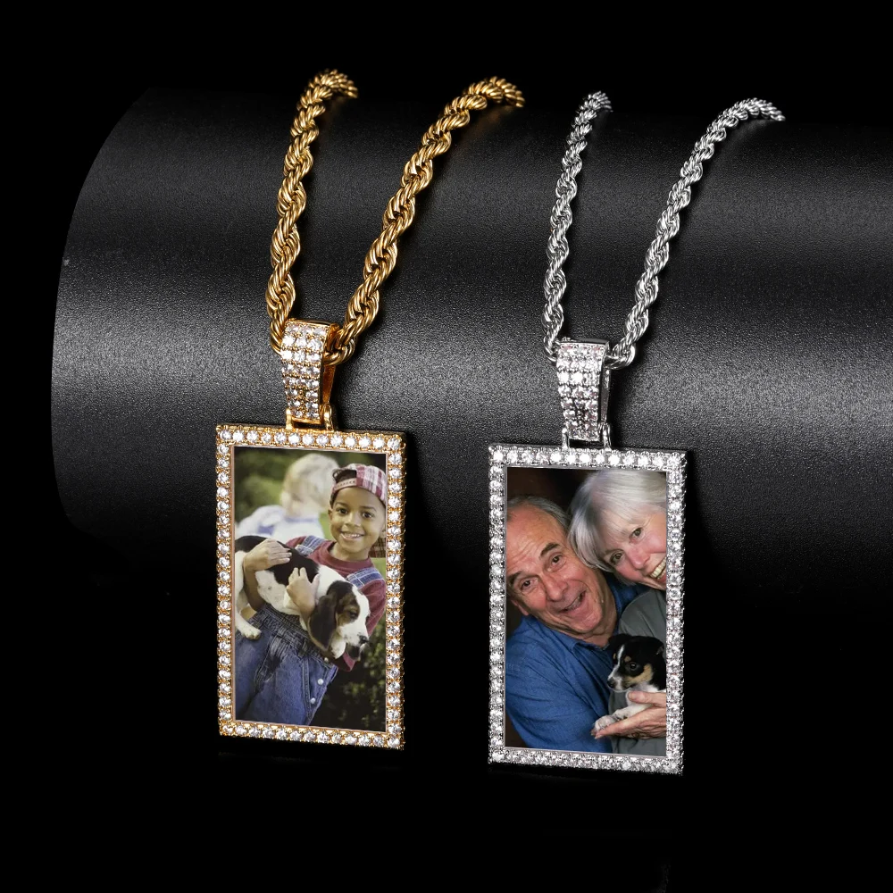 Custom Rectangle Photo Pendant for Men Picture Memory Square Medallions Pendant Gold Color Cubic Zircon Hip Hop Jewelry