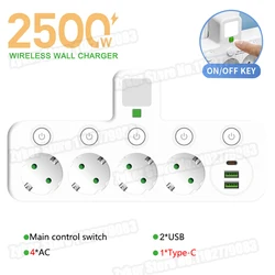 Power Strip with USB and Type - C Ports - 6 - in - 1 Wireless Wall Charger - EU Plug (White Upgrade)