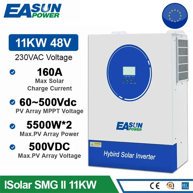 EASUN Newest Soalr Inverter 11KW 8.5KW MPPT 160A 500VDC PV Input 220VAC 48VDC 11000W 8500W Pure Sine Wave hybrid With WiFI BMS