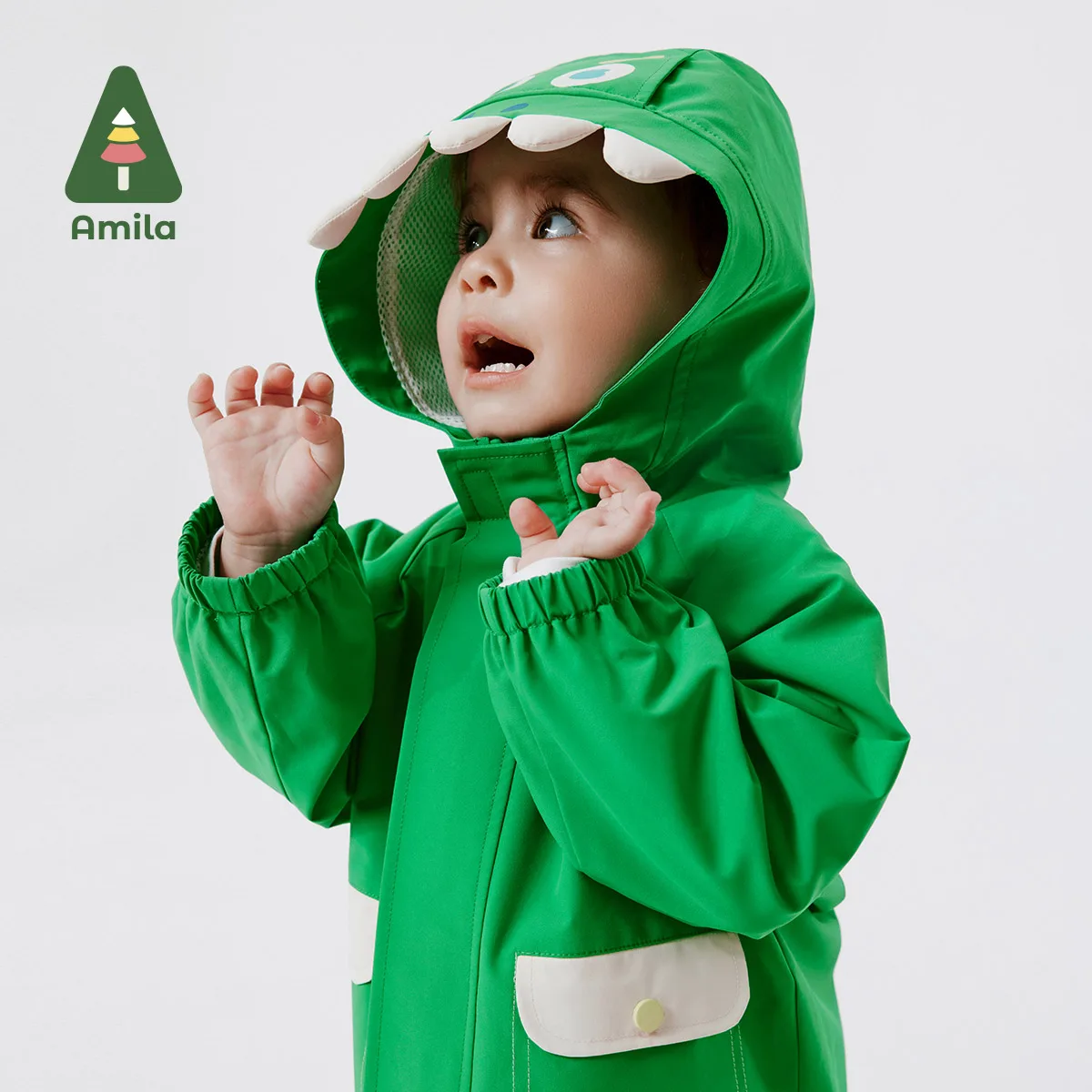 Amila Baby Boys&lsquo; Jacket Spring New Solid Color Waterproof Breathable Cute Little Dinosaur Hooded Coat
