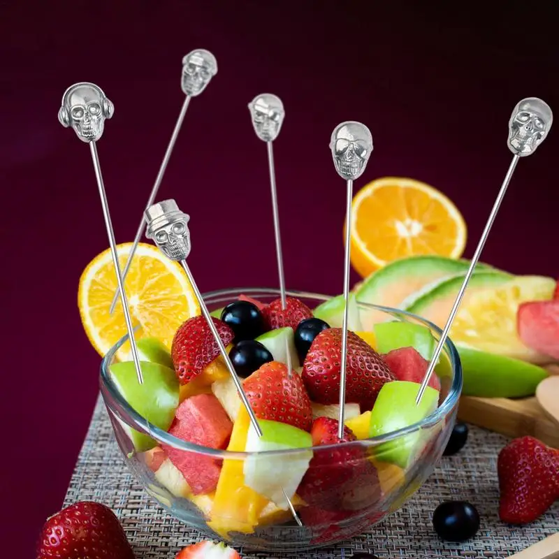 Cocktail Skewers 6pcs Cocktail Picks Skull Cocktail Picks Martini Stainless Steel Reusable Olive Garnish Skewer Silver Fruit