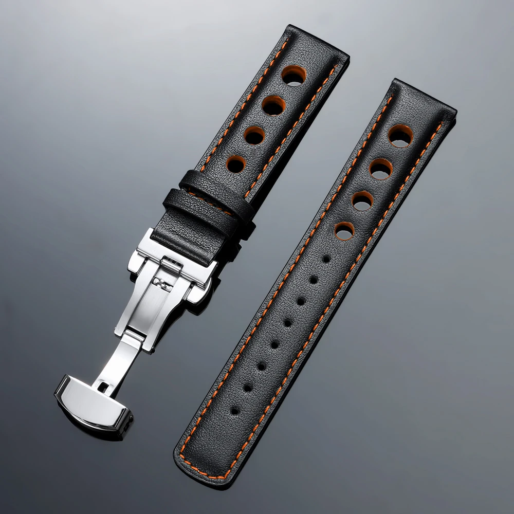Vintage Genuine Leather Watchband with Butterfly Clasp - Fashionable 20mm Cowhide Strap