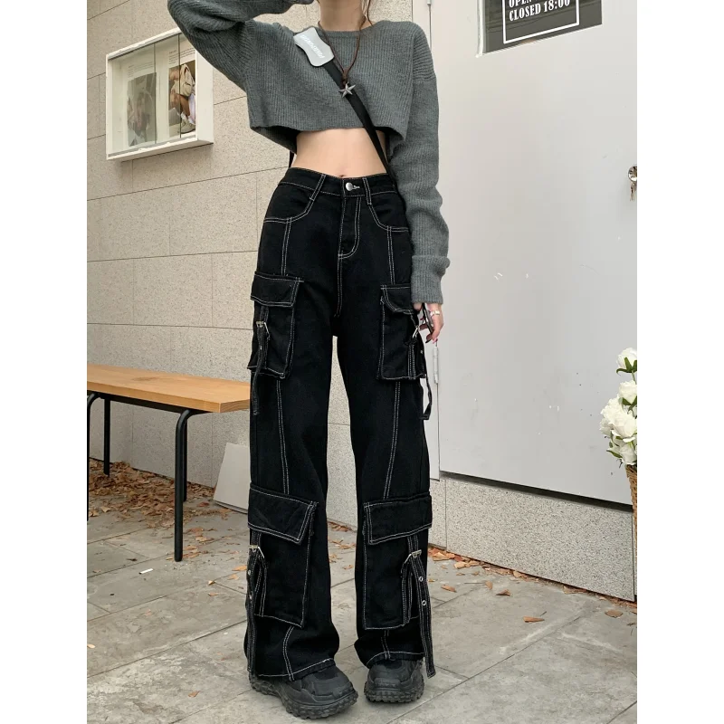 

Женские черные джинсы, брюки-карго с завышенной талией, американские широкие брюки, модные мешковатые винтажные женские осенние прямые брюки Y2K