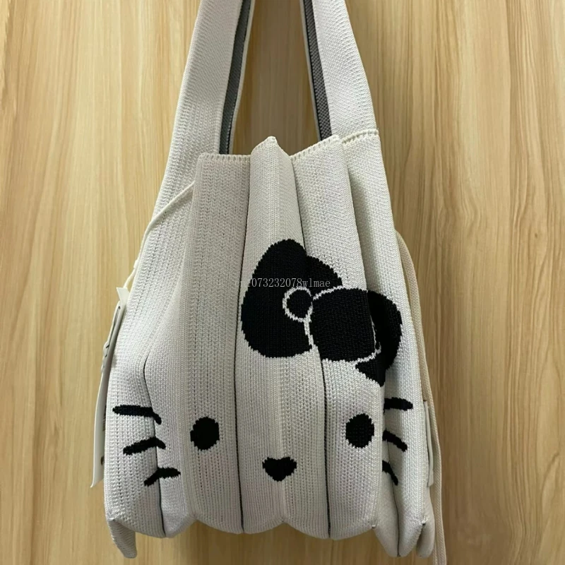Sanrio Hello Kitty Niche Designer Pleated Shoulder Shopping Bag Summer Foldable Knitted Large Portable Handbags Korean Tote Bag