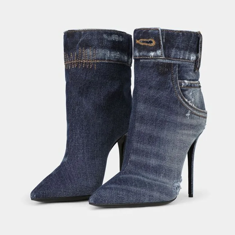 Blue Denim Boots Women | Blue Jean Boots Women | Denim Shoes Booties ...