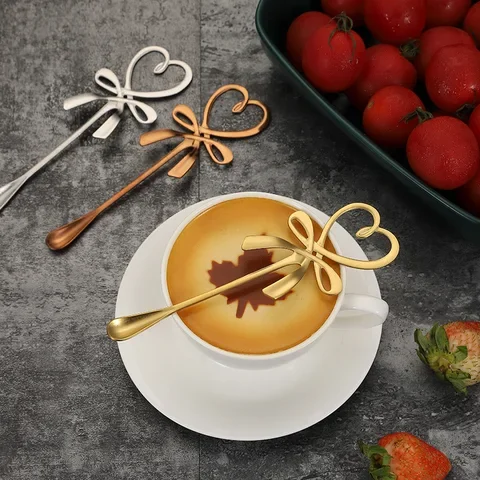 

New 3D Bow Knot Heart Shaped Mini Coffee Spoon Tea Dessert Spoon Hanging Spoon Gold Silver Spoon Stainless Steel Flatware